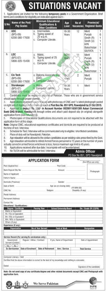 GHQ Rawalpindi Jobs 2015 Application Form For UDC LDC Store Keeper