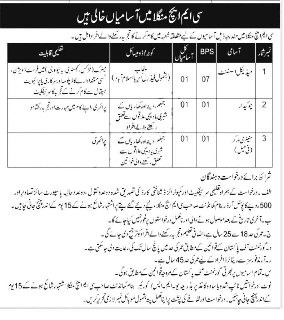 Govt Jobs In Pakistan Today Combined Military Hospital CMH Job 