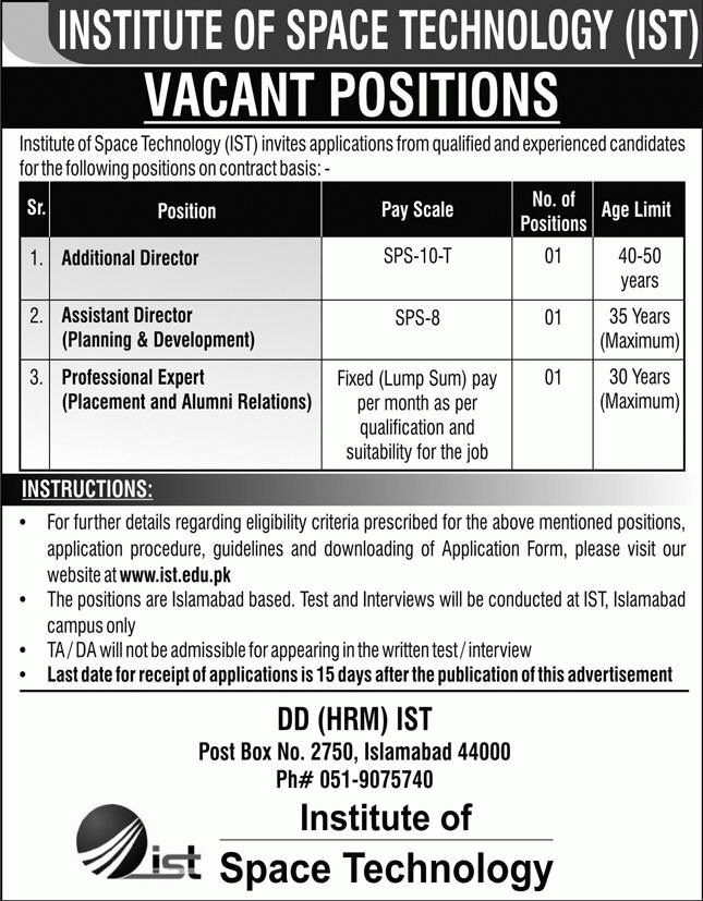 Institute Of Space Technology IST Jobs 2020 Islamabad Advertisement