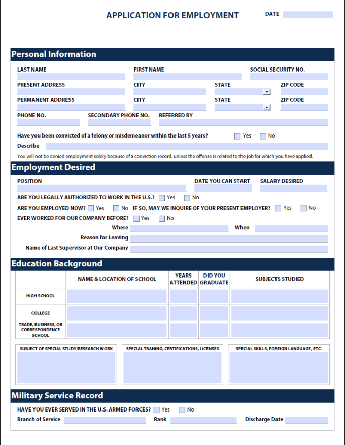 Job Application Template Pdf Database