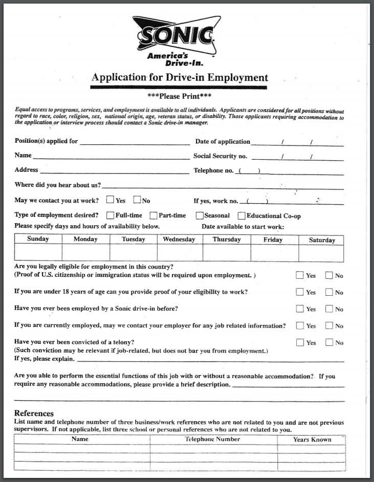 Sonic Job Application Form Online