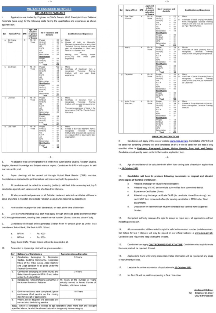 MES Jobs 2022 Application Form Www mes gov pk