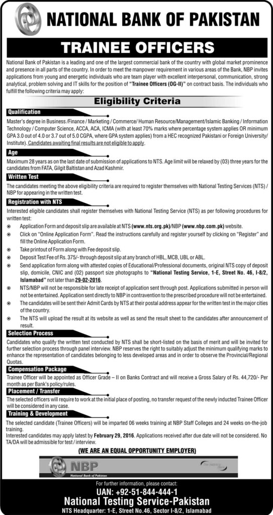 National Bank NBP Trainee Officers OG 2 Jobs 2023 NTS Application Form 