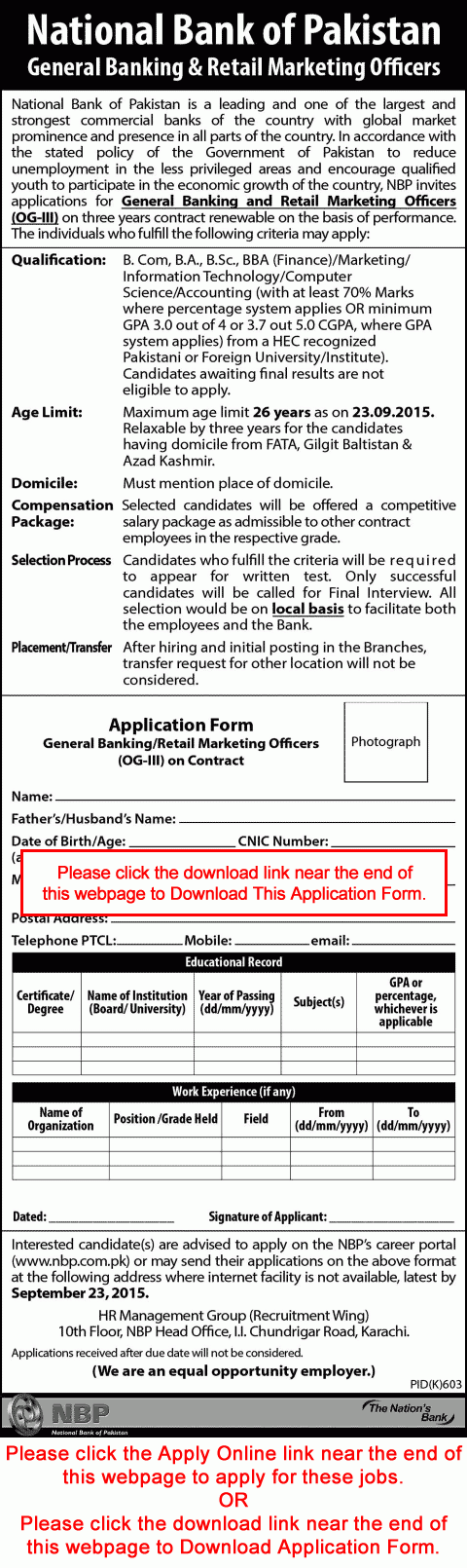 NBP Jobs 2015 August September Online Application Form General 