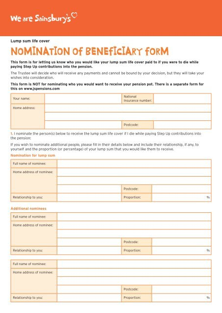 NOMINATION OF BENEFICIARY FORM Sainsburys Pensions