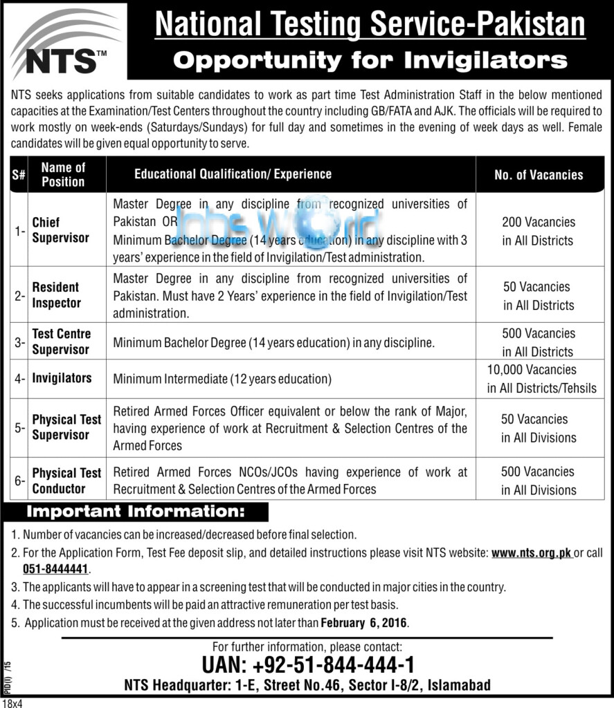 NTS Invigilator Supervisor Jobs 2016 Application Form JobsWorld