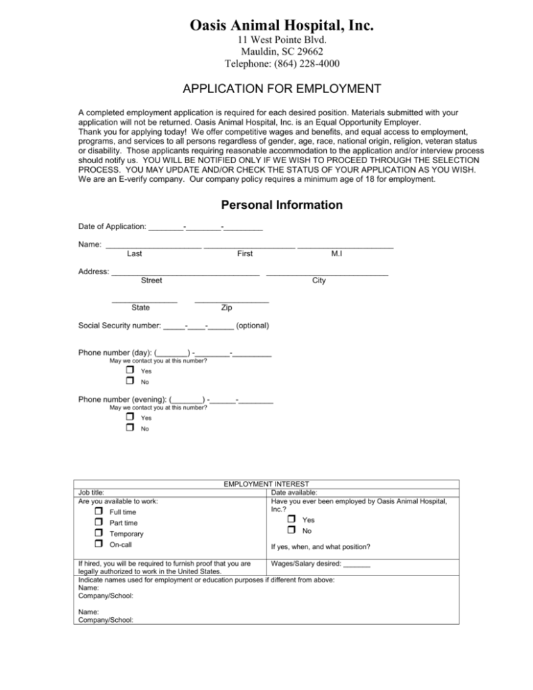 Oasis Application For Employment Form DOC