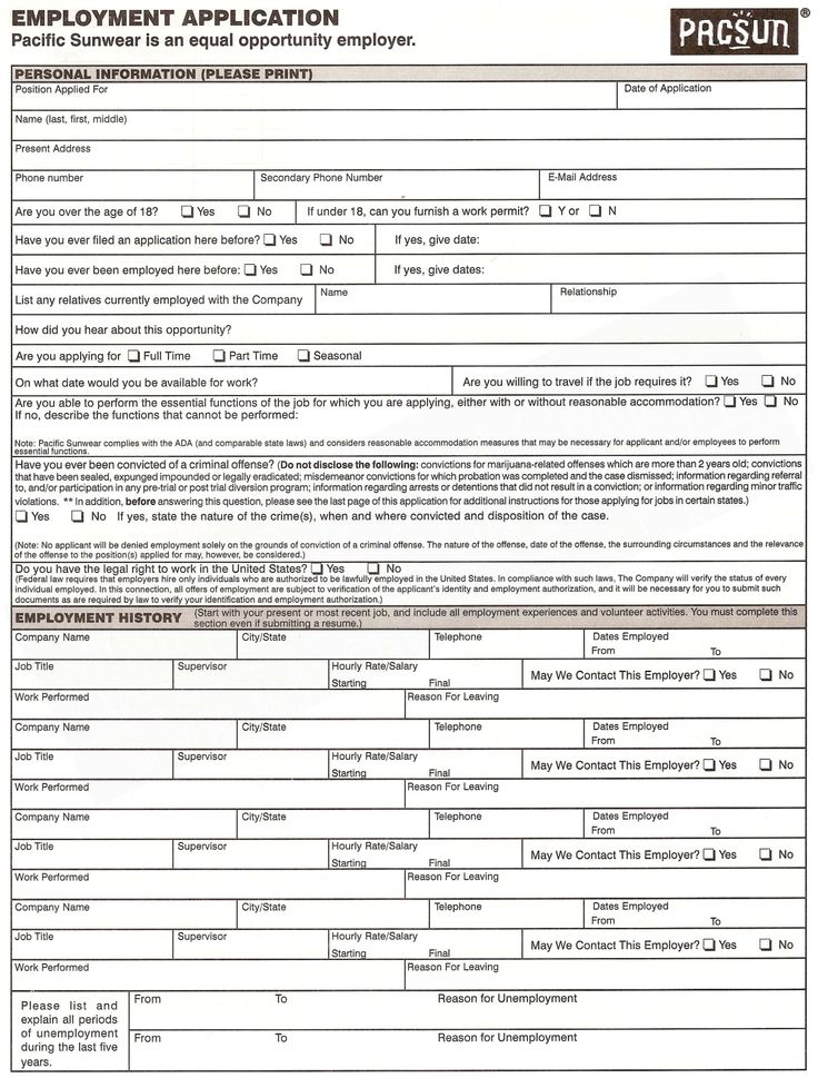 Pacsun Employment Application Form Printable Job Application Form 