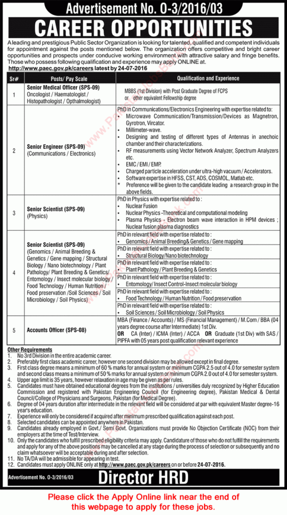 PAEC Jobs July 2016 Apply Online Scientists Medical Officers 