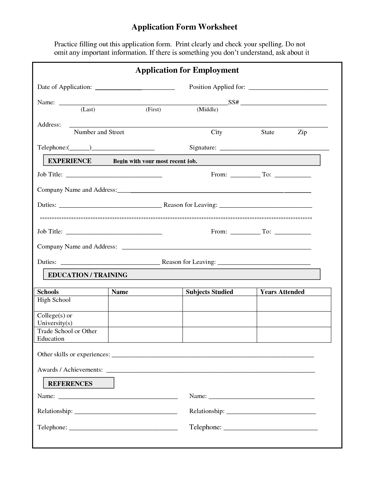 Printable Practice Job Application Form 8644