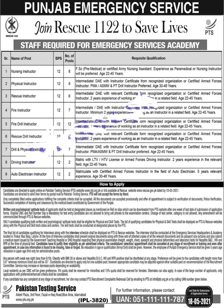 PTS Punjab Rescue 1122 Jobs 2022 Application Form Download Merit List