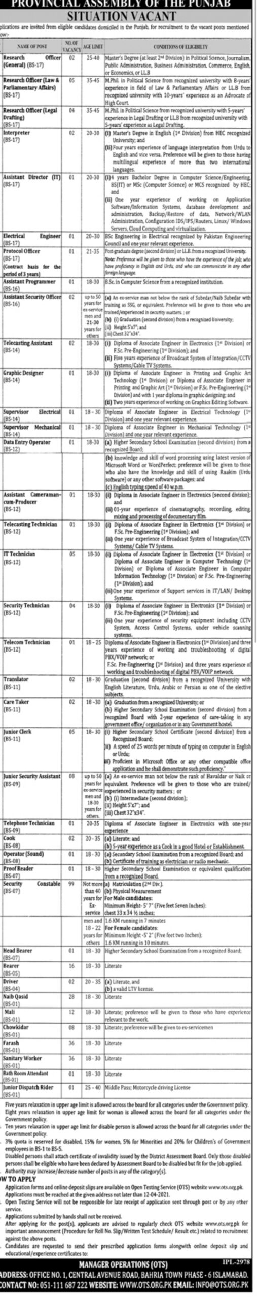 Punjab Assembly Jobs 2021 300 Posts Download Application Form