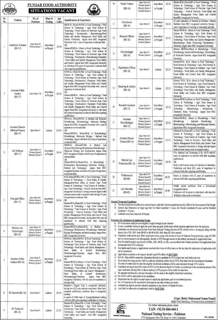 Punjab Food Authority NTS Jobs 2022 Form Online Roll No Slip