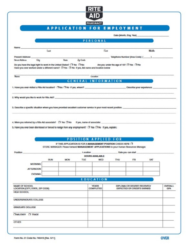 Rite Aid Job Application Form