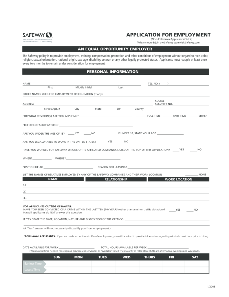 Safeway Application For Employment 2022 Form Printable Blank PDF Online