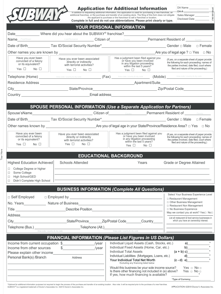 Subway Job Application Fill Online Printable Fillable Blank 