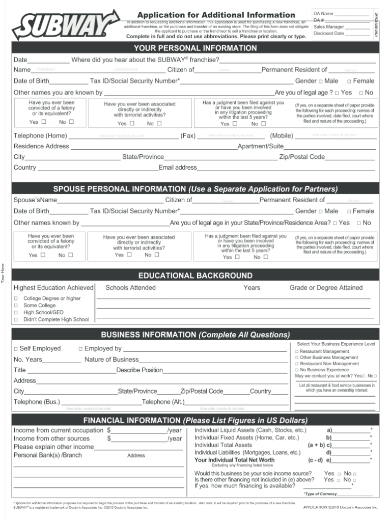Subway Printable Job Application Form 9692