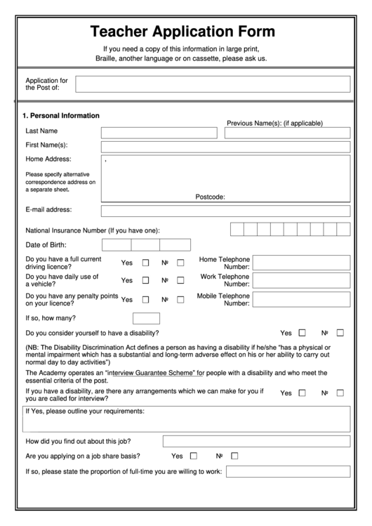 Teacher Application Form Printable Pdf Download