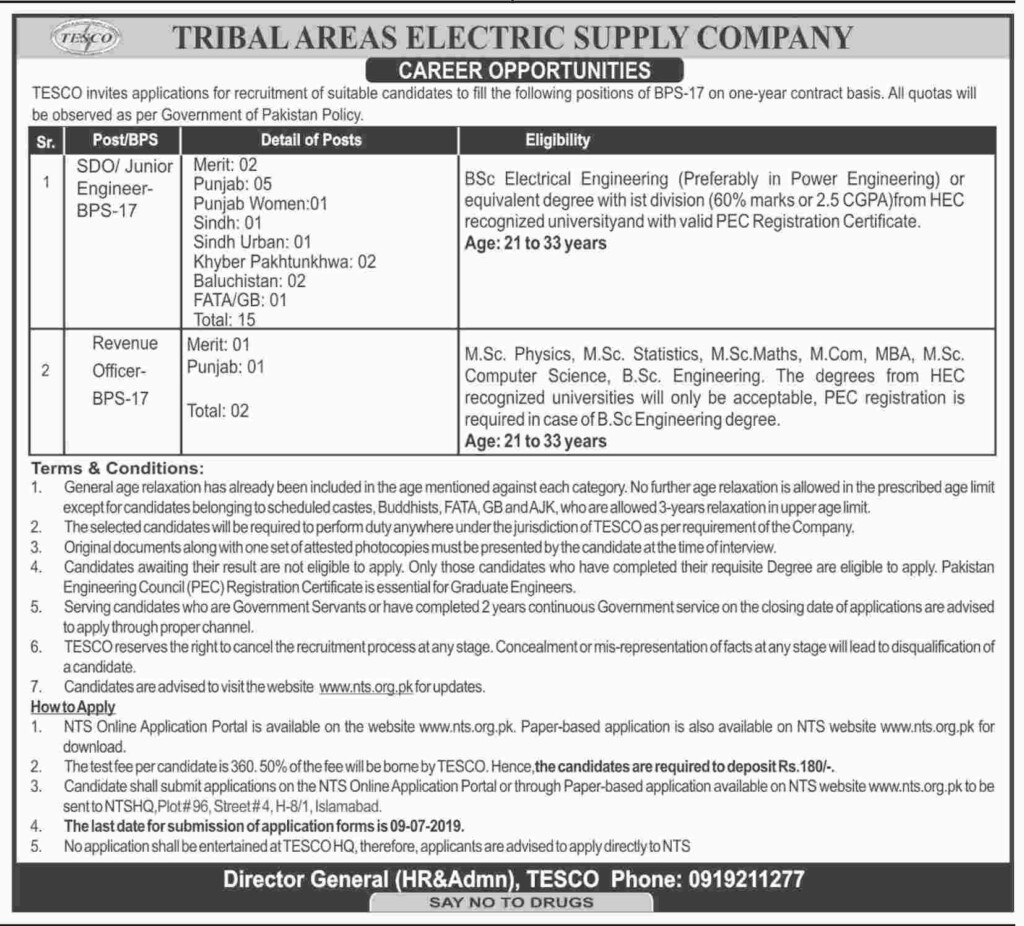 TESCO WAPDA Jobs 2019 NTS Application Form Download Tribal Areas Electric