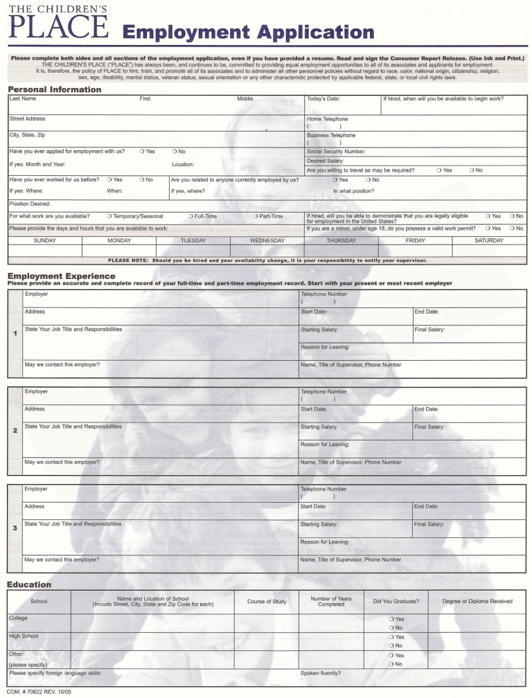 The Children s Place Application Online PDF 2021 Careers