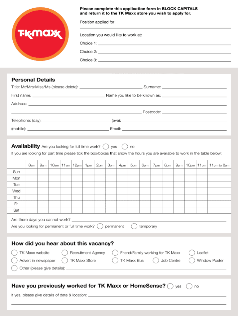 Tk Maxx Job Application Form Pdf