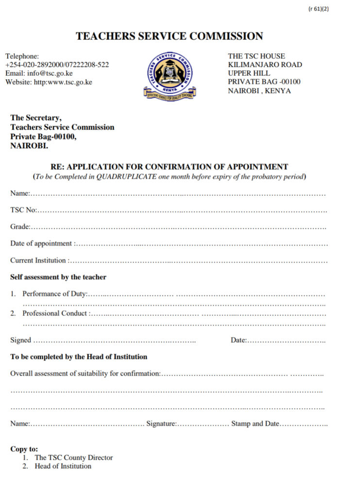TSC Form For Application For Confirmation Of Appointment After